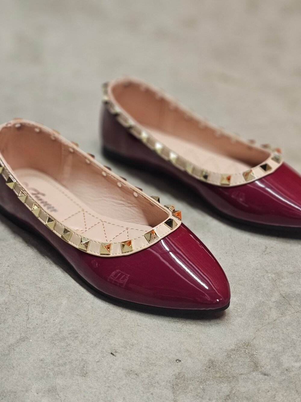 Studded Burgundy Patent Leather Flats With Pointed Toe & Quilted Insole - Picture 11 of 12